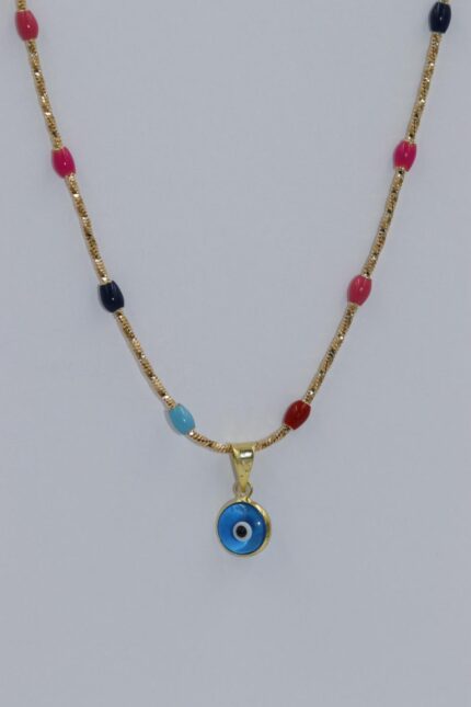 Damen Halskette Edelstahl-Vergoldet, Wasserfest, Bunte-Kugel-kette, Mit Anhänger Silber, Hell-Blauer-Auge, Länge: 44cm, A37