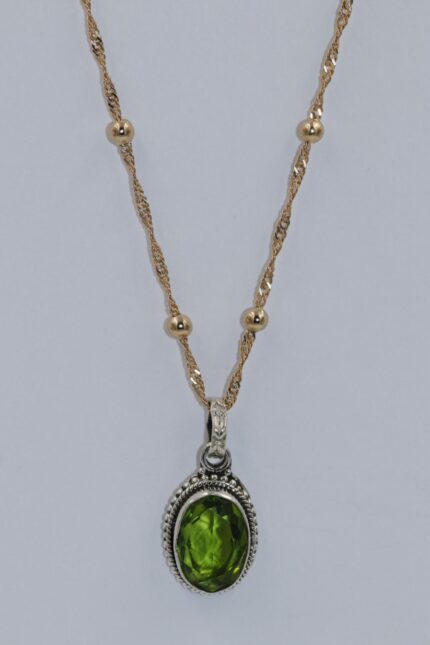 Damen Halskette Edelstahl-Vergoldet, Mit Anhänger Silber-Peridot Stein, Länge 60cm, A54-1