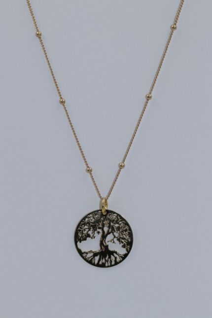 Damen Halskette Edelstahl-Vergoldet, Wasserfest, Kugel-Kette, Lange: 44cm, Mit Anhänger Silber-Rund-Welt-Kugel, A3