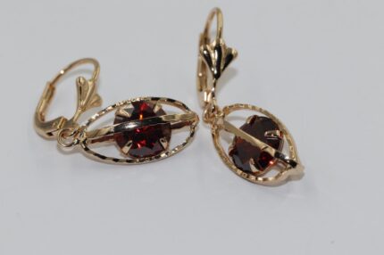 Damen Ohrenringe-Edelstahl-Vergoldet-Roter-Zirkonia, Länge: 3.5cm, Breite: ca.6.5mm, A63