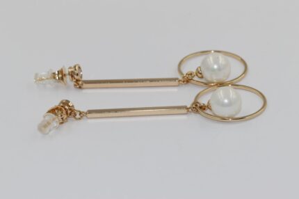 Damen Ohrstecker, Edelstahl ,Vergoldet, Ring-Perlen-Weisser-Zirkonia, Länge:6cm, Perlen Gr.10mm, A38