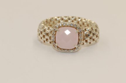 Damen Silberring 925,Vergoldet, Elastische-Ringe, Zirkonia Weiss, Rose Saphir, Grösse 54, A67