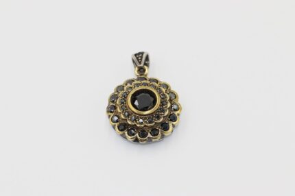 Damen Silber Anhänger für kette, Rund-Onyx-Schwarze, Vergoldet, A77