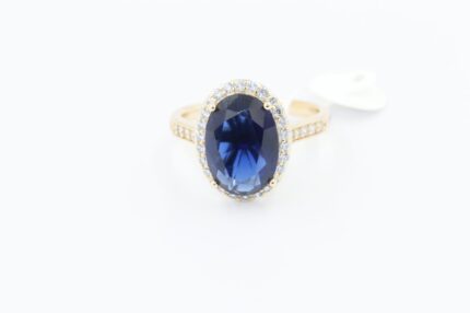 Damen Fingerringe, Edelstahl, Vergoldet, Wasserfest, Zirkonia-Weiss, Blauer-Saphir, Grösse 60, A152