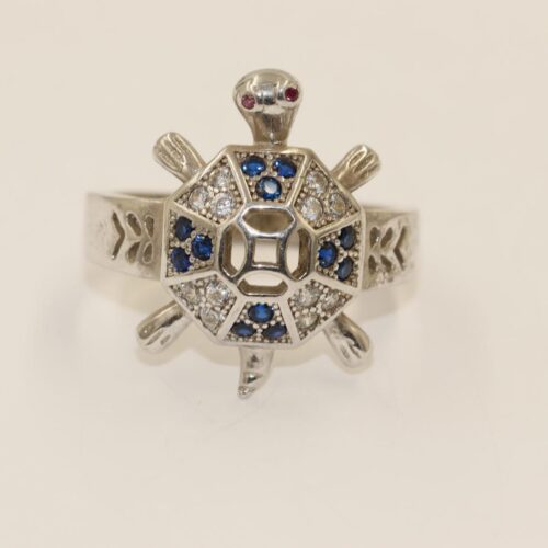 Damen Silberring 925 Schildkröten Design mit Buntem Saphir – Größe 60