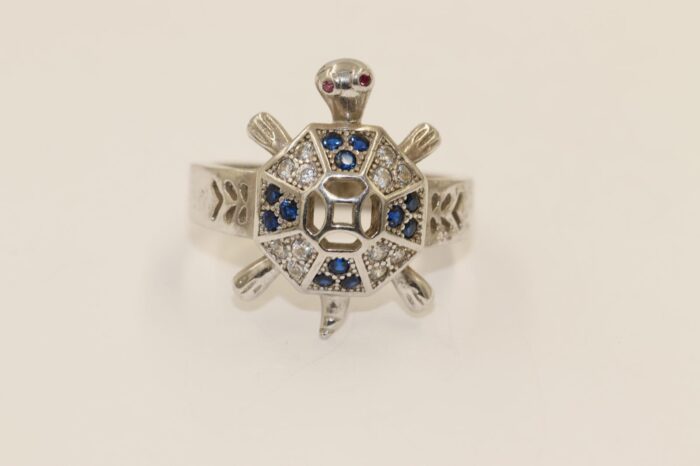 Damen Silberring 925 Schildkröten Design mit Buntem Saphir – Größe 60