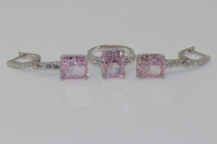 Silber 925, Pink-Zirkonia Stein, Damenringe Grösse: 59, Ohrringe Länge: 3cm, 15mm-Viereckiger Zirkonia, RO16