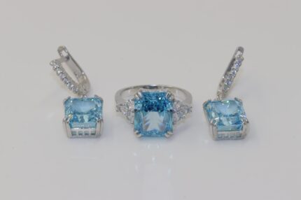 Silber 925, Aquamarine-Zirkonia Stein, Damenringe Grösse: 56, Ohrringe Länge: 3.5cm, Stein-L:1.7XB:1.5cm, RO8