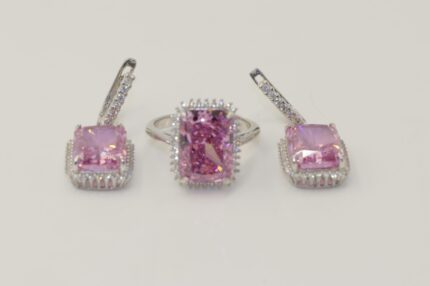 Sterling Silber 925, Rosa Saphir-Zirkonia Stein, Damenringe Grösse: 58, Ohrringe Länge: 3 cm, Stein-L:2.2XB:1.8cm, RO13