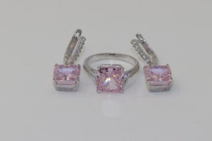 Sterling Silber 925, Rosa Saphir-Zirkonia Stein, Damenringe Grösse: 59, Ohrringe Länge: 3 cm, Stein-L:1.5XB:1.5cm, RO16